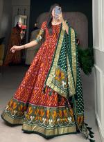 Tussar Silk Maroon Festival Wear Printed Readymade Gown With Dupatta